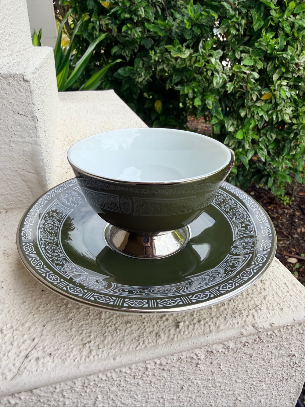 Vintage Forest Damask 3544 Cup & Saucer Fine China Japan Olive Green Silver